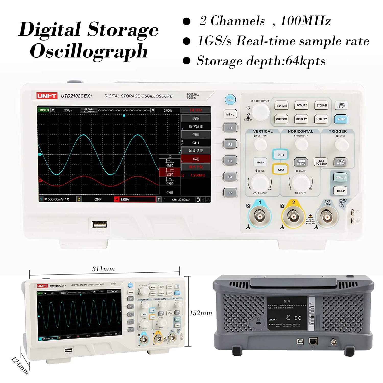 UTD2102CEX+ Hoge Precisie 100M - Digital Storage Oscilloscope 100Mhz recensie en prijs